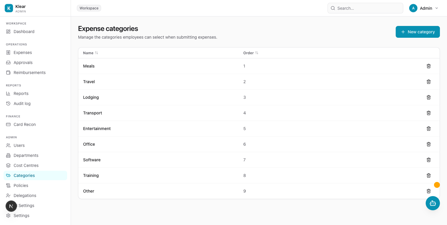 Expense categories list