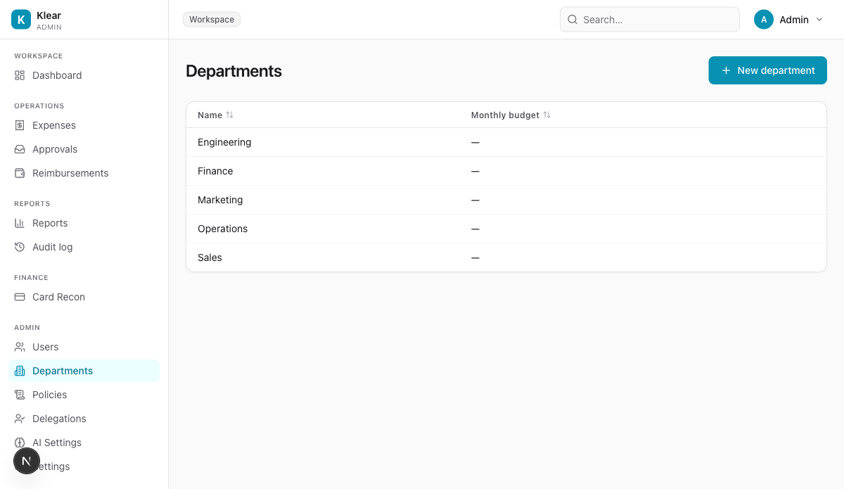 Departments list